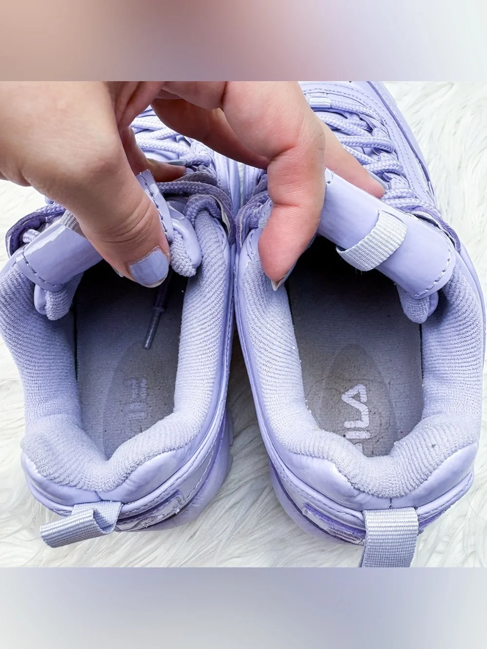 Fila Disruptor II Premium Patent Sneaker Lilac Lavender Purple Womens 6 Platform